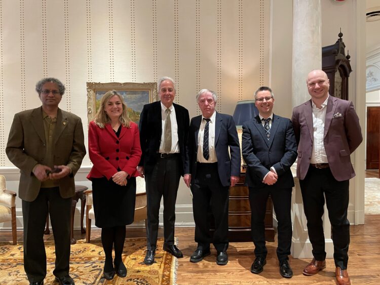 The Principal with SEH alumni, Akaash Maharaj, M. Jean Chagnon, John Barnes, Andrew Tower and Xavier Roy