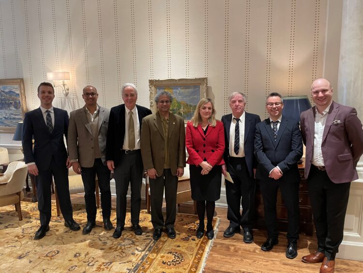 The Principal with SEH alumni, Andrew Tower, Sarin Boivin-Picard, M. Jean Chagnon, Akaash Maharaj, John Barnes, Carl Saucier Bouffard and Xavier Roy