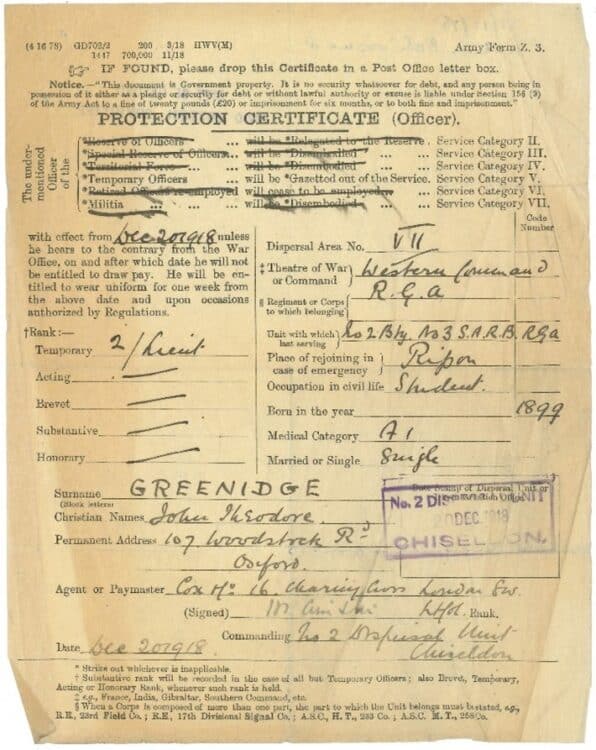 the Protection Certificate for 2nd Lieutenant J T W Greenidge