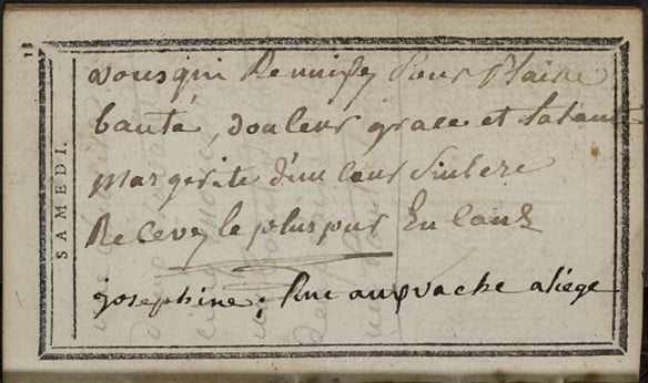 Quatrain and note in black ink with notes underneath, the latter possibly made using the volume's metal stylus (?) (Bibliothèque Carré d'art, Nîmes / Gallica)