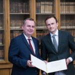 Václav Janeček receiving the Bolzano Prize from Professor Tomáš Zíma