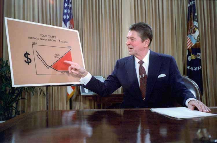 Ronald Reagan televised address from the Oval Office, outlining plan for Tax Reduction Legislation July, 1981 - White House Photo Office; Originally uploaded to Wikipedia by Happyme22 [Public domain], via Wikimedia Commons
