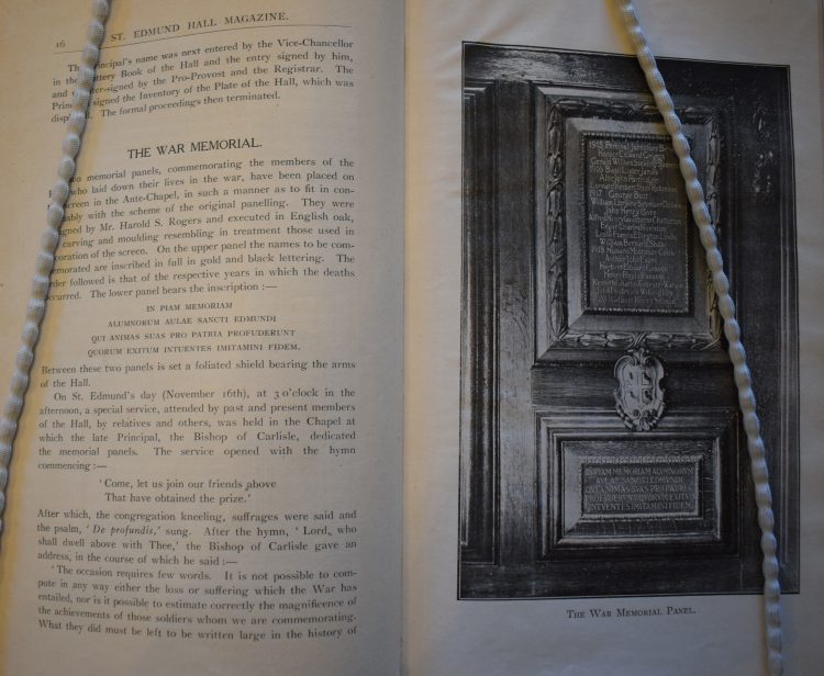 An article on the War Memorial in the Chapel, in the St Edmund Hall Magazine for 1920-21