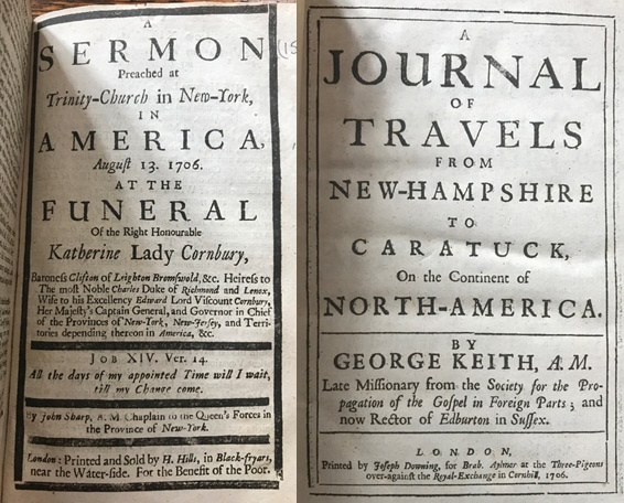 Title pages of books by John Sharpe and George Keith