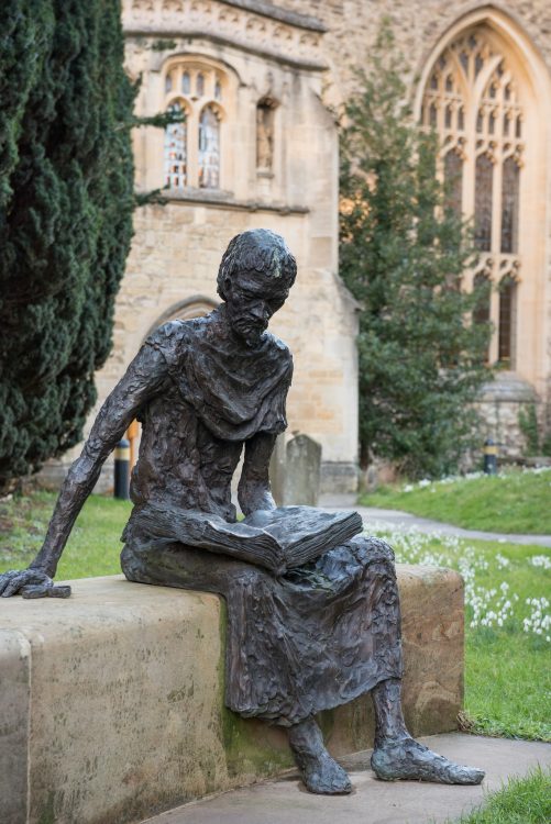 The statue of St Edmund, by Rodney Munday, in the College's churchyard