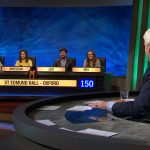 Teddy Hall's University Challenge team in the studio with Jeremy Paxman at the end of their match against Bristol