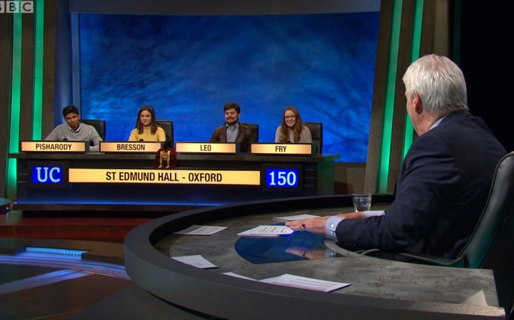 Teddy Hall's University Challenge team in the studio with Jeremy Paxman at the end of their match against Bristol