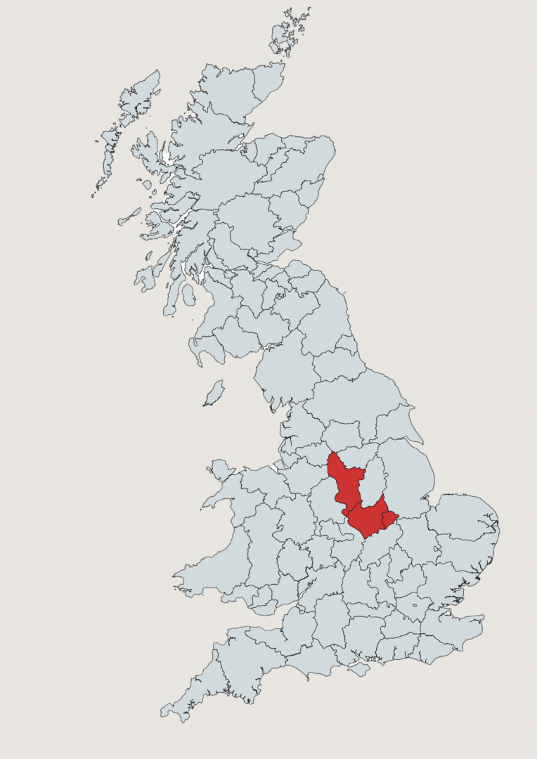 A map of the UK with the counties of Derbyshire, Leicestershire and Rutland highlighted in red