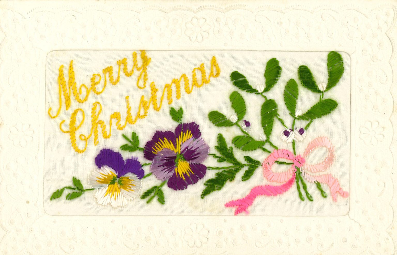 An embroidered Christmas card sent during World War I