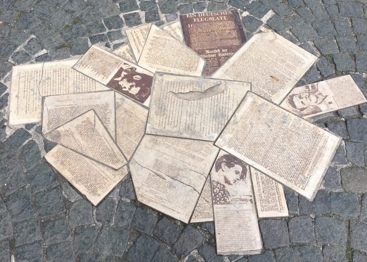 Memorial to the White Rose by the artist Robert Schmidt-Matt on the Geschwister-Scholl-Platz outside the Ludwig Maximilian University in Munich Memorial to the White Rose by the artist Robert Schmidt-Matt on the Geschwister-Scholl-Platz outside the Ludwig Maximilian University in Munich