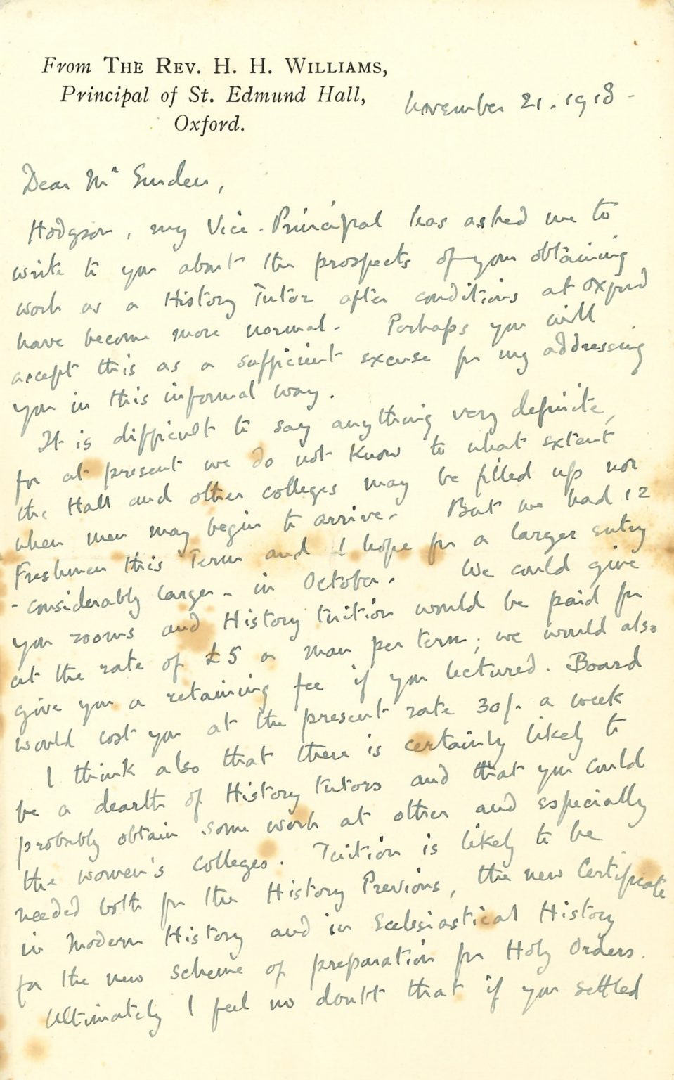 Letter written by Principal Williams inviting Emden to join the Hall