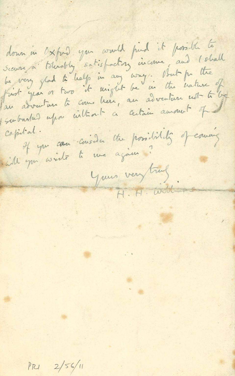 Letter written by Principal Williams inviting Emden to join the Hall - reverse side