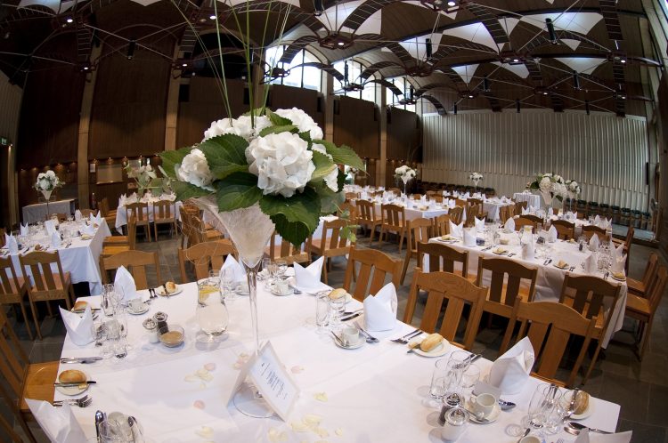 The Wolfson Hall, set for a wedding breakfast