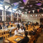 St Edmund Hall's Wolfson Hall decorated in monarchy bunting.