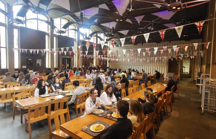 St Edmund Hall's Wolfson Hall decorated in monarchy bunting.