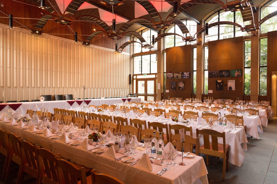 The Wolfson Hall, set for a formal dinner