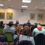 Dr Eren Korkmaz and Ayşe Acar speaking at the event in the Pontigny Room