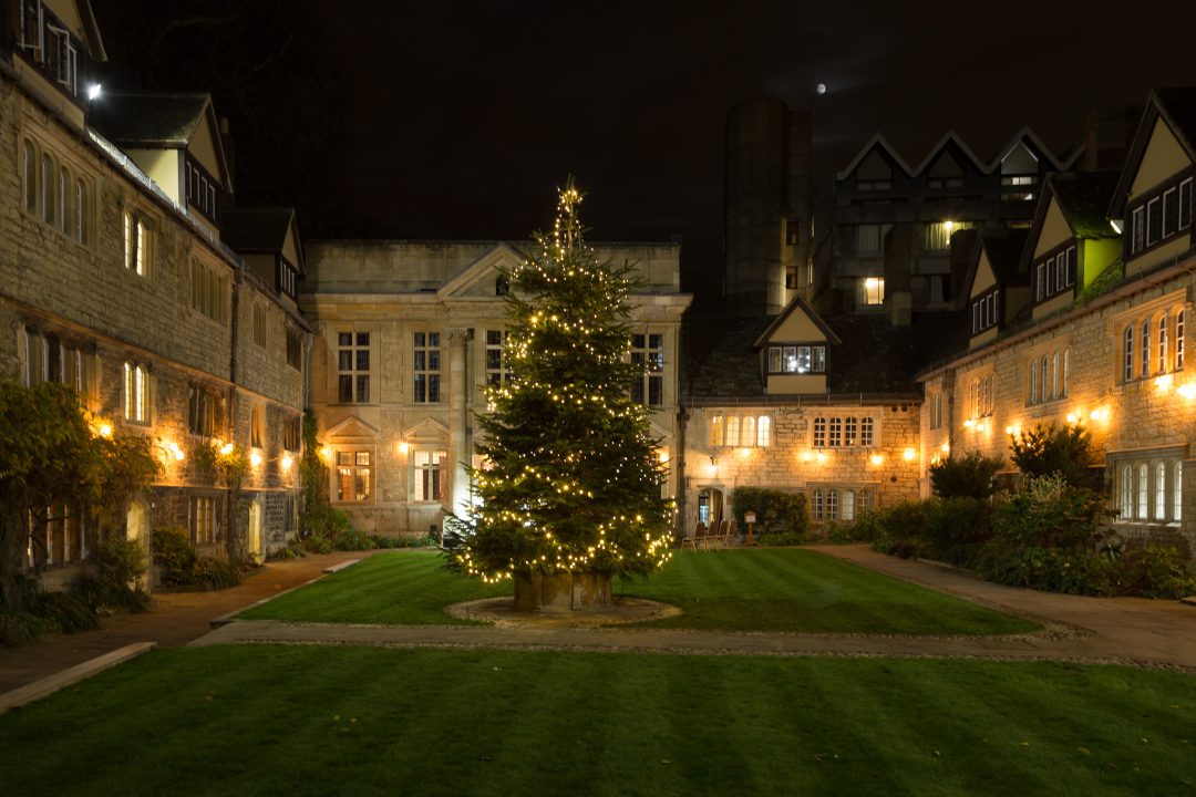 Christmas tree in the College's Front Quad